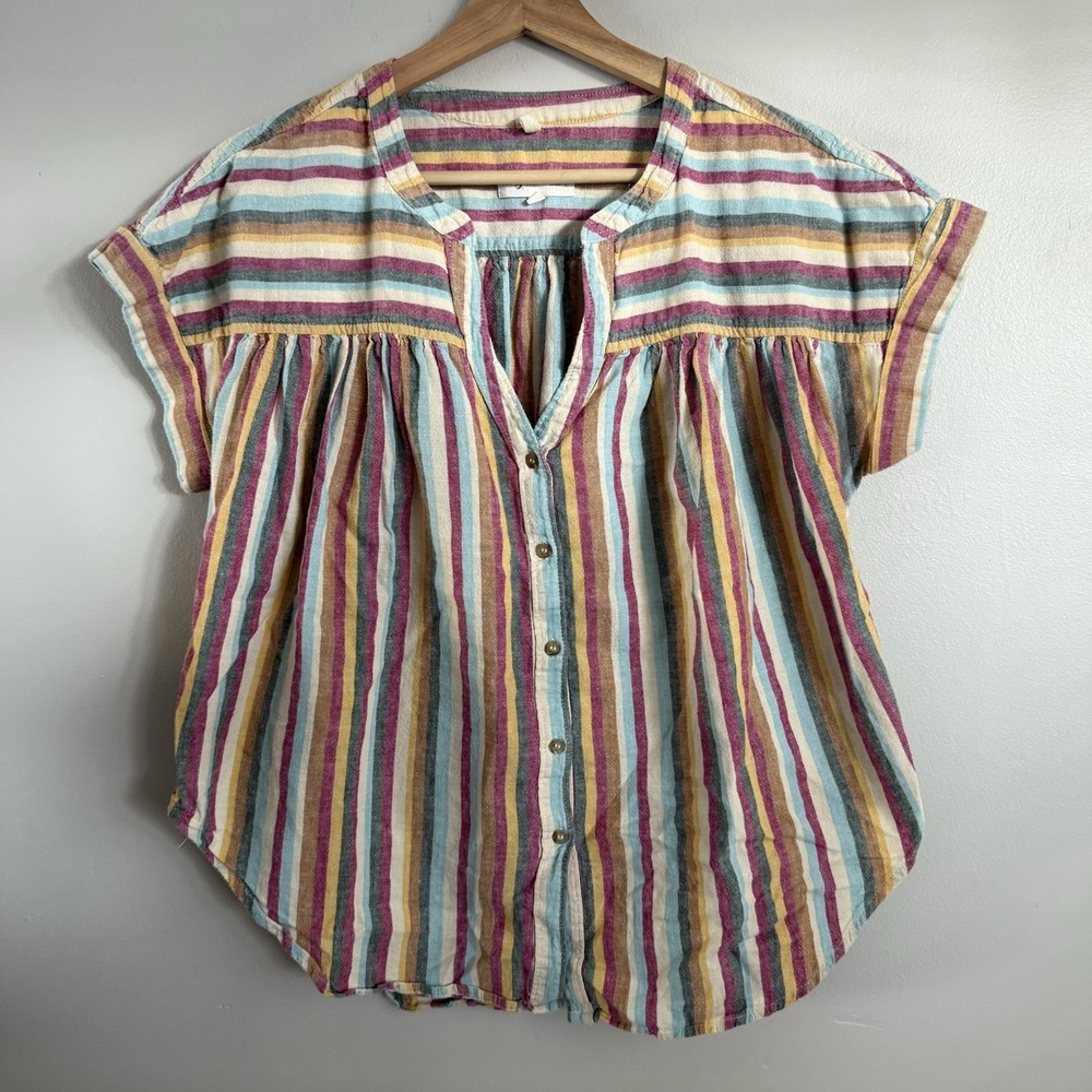 New  Lou & Grey Loft Fall Rainbow Striped Linen Blend‎ Short Sleeve Shirt Small